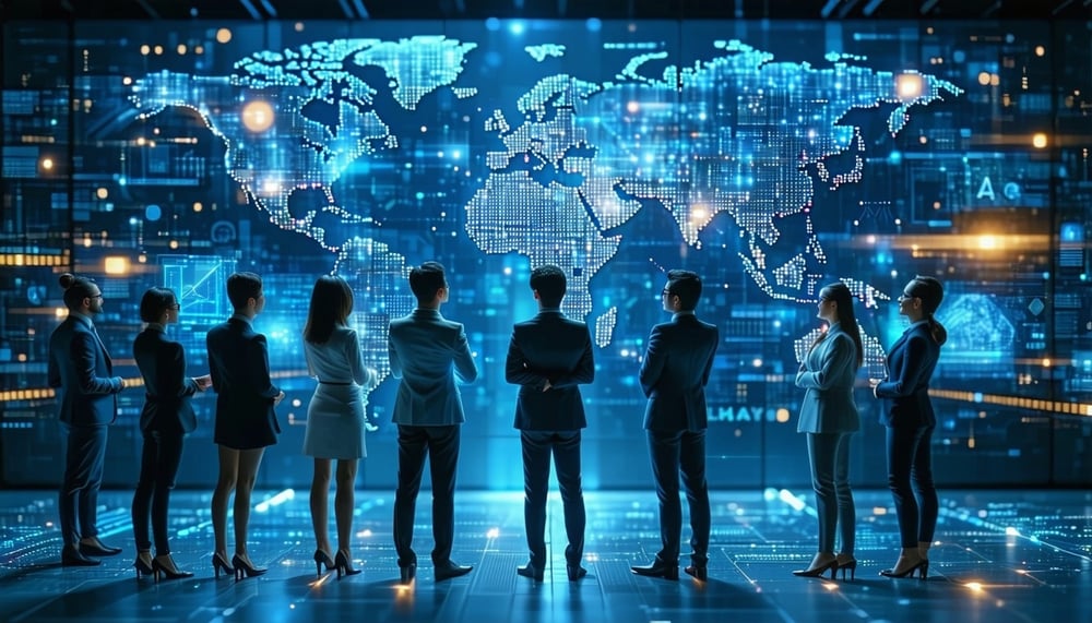 Collaborative AI-driven business team achieving growth