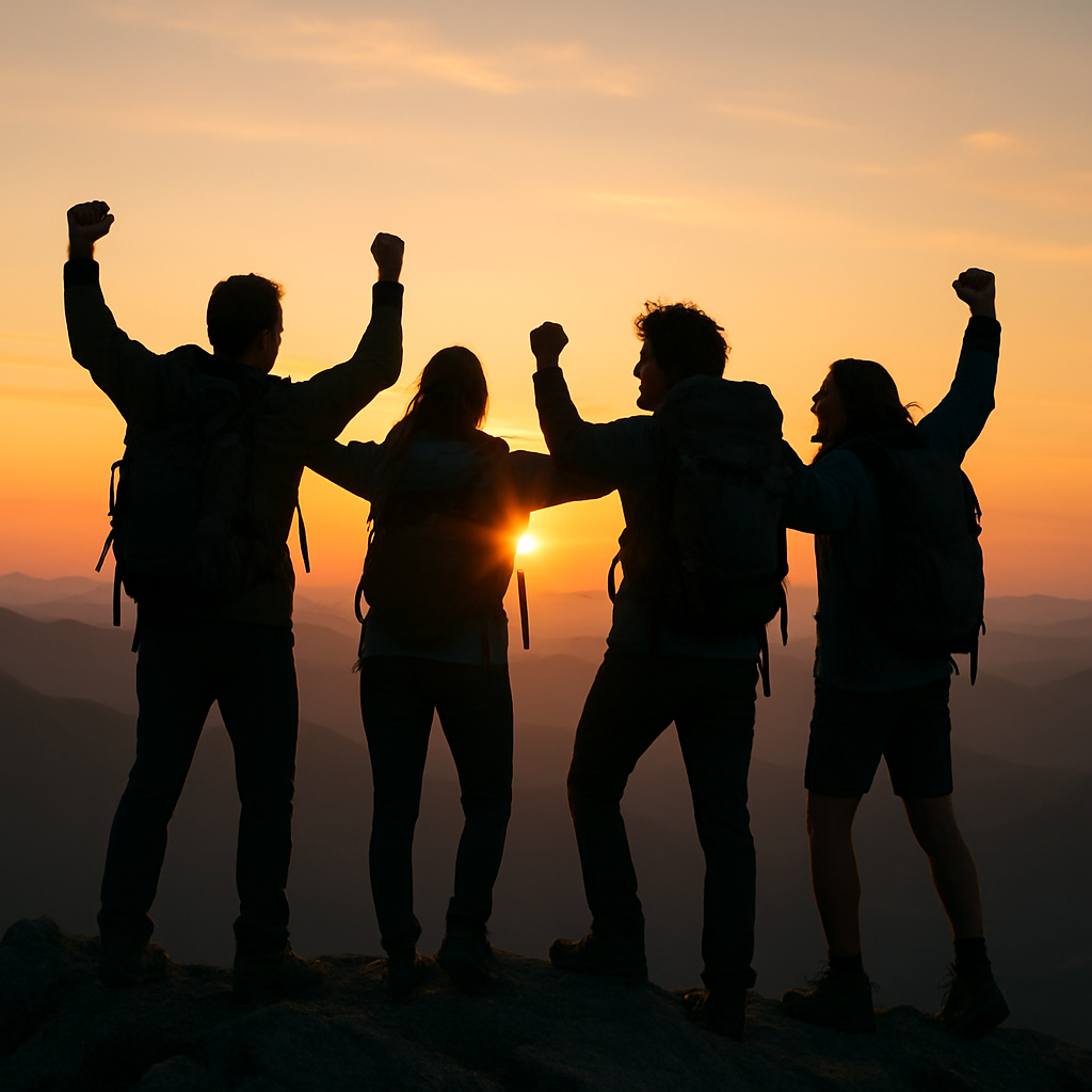 team arriving at the top of a mountain together celebrating